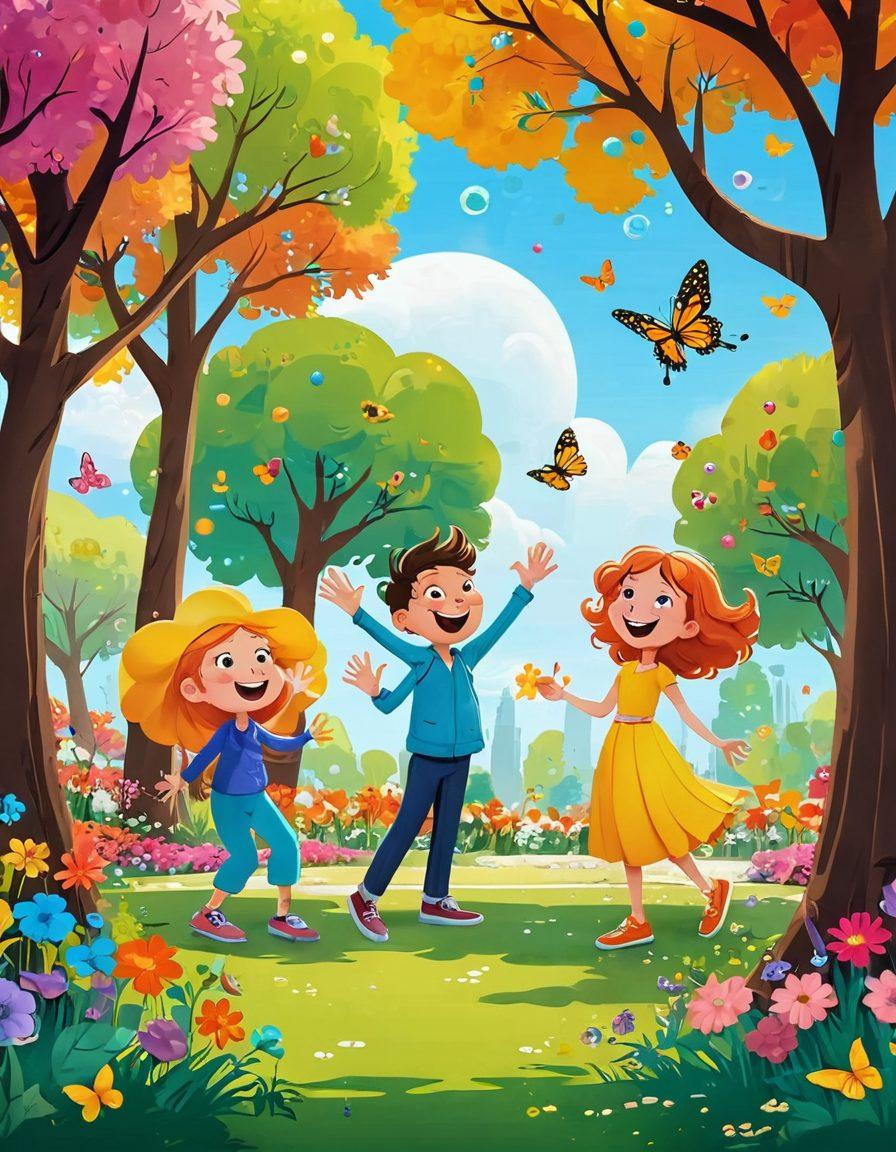 A playful scene showcasing a diverse group of cartoon characters, from classic to contemporary styles, joyfully interacting in a colorful park filled with oversized flowers and whimsical trees. Each character expresses happiness through exaggerated facial features and unique poses, surrounded by bubbles and butterflies. The background should be vibrant and imaginative, evoking a sense of fun and friendship. cartoon art style. bright colors. cheerful ambiance.