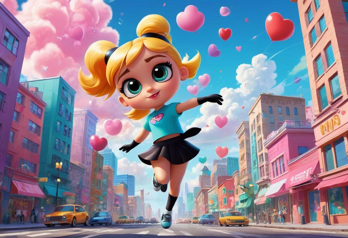 A vibrant scene depicting the Powerpuff Girls in action, surrounded by colorful cityscapes filled with playful animals and whimsical clouds. Each girl showcases her unique superpower while engaging in cheerful adventures, with smiles and laughter all around. Incorporate the iconic bright pastel colors and sprinkle in elements like floating hearts and sparkles to enhance the adorable legacy. The background should reflect a lively city atmosphere with cartoonish buildings. super-realistic. vibrant colors. dynamic composition.