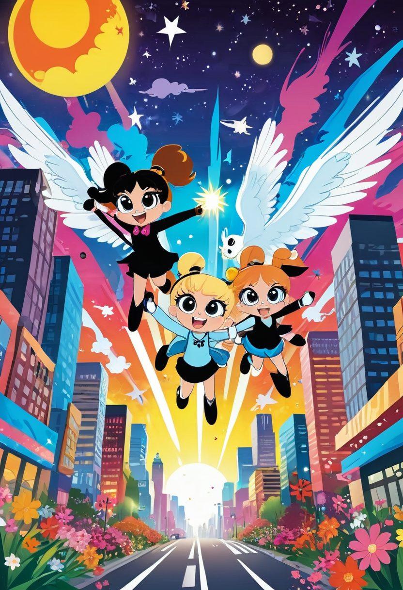 A dynamic scene featuring the Powerpuff Girls soaring through a colorful, whimsical city skyline, surrounded by joyful explosions of flowers and stars symbolizing empowerment and friendship. Each girl exhibits unique energy, showcasing courage and adventure, with bright, vibrant colors capturing their lively spirits. A radiant sun beams down, enhancing the cheerful atmosphere. cartoon style. vibrant colors. whimsical background.